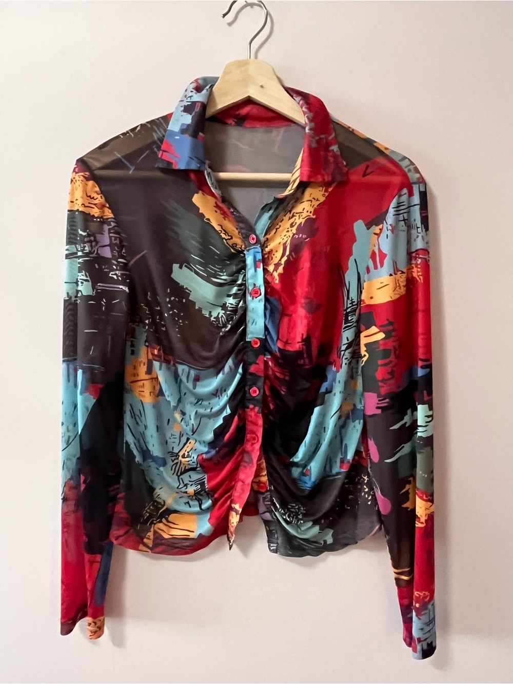 Sheer Multi-Color Ruched Button-Front Blouse